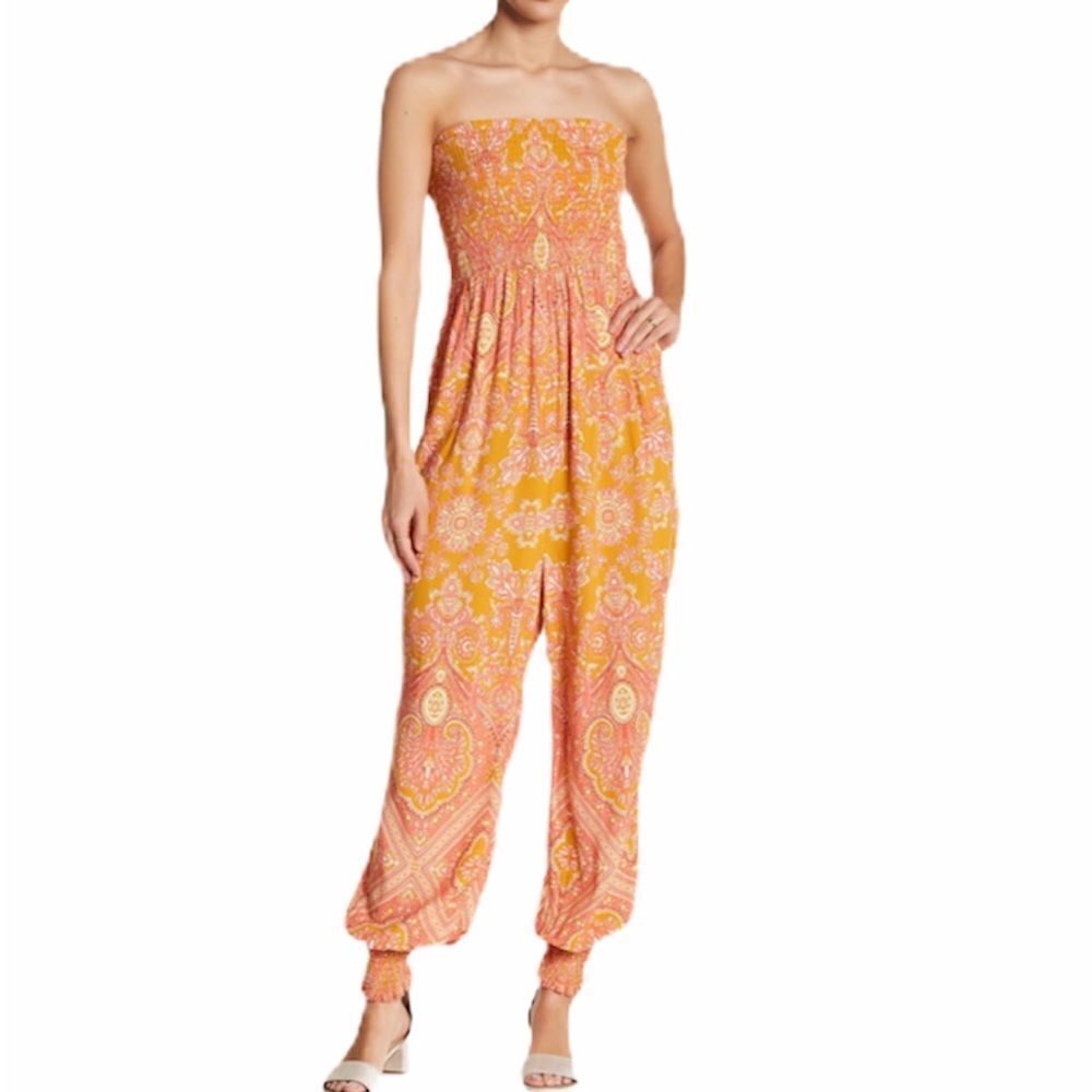 Free People Thinking of You Smocked Jumpsuit NWT